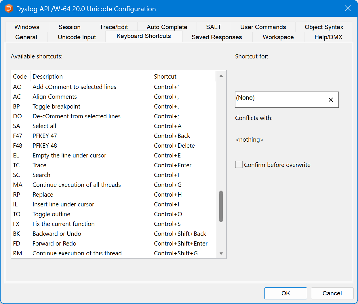 Screenshot of Adám's Preferences window, showing many of the shortcuts involving the Ctrl key