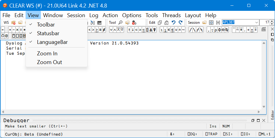 Screenshot of Adám's View menu after running extViewMenu