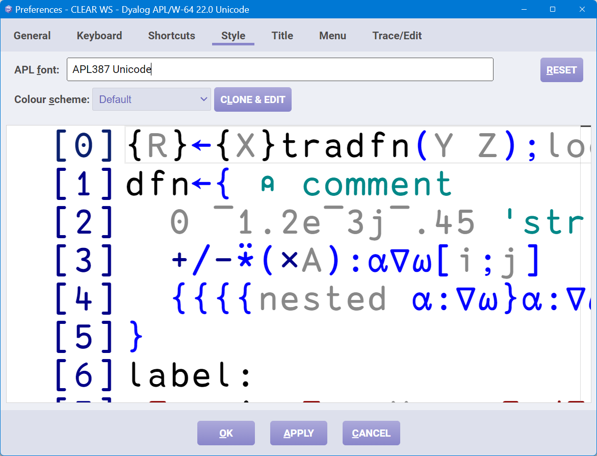 Screenshot of Ride's Preferences dialog showing how to change APL font
